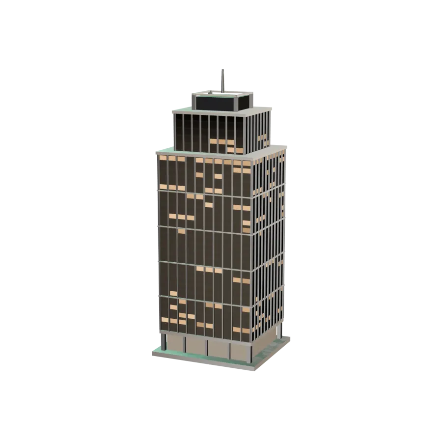 Una torre de oficinas en maqueta: vidrio oscuro, ventanas encendidas y corona de acero.